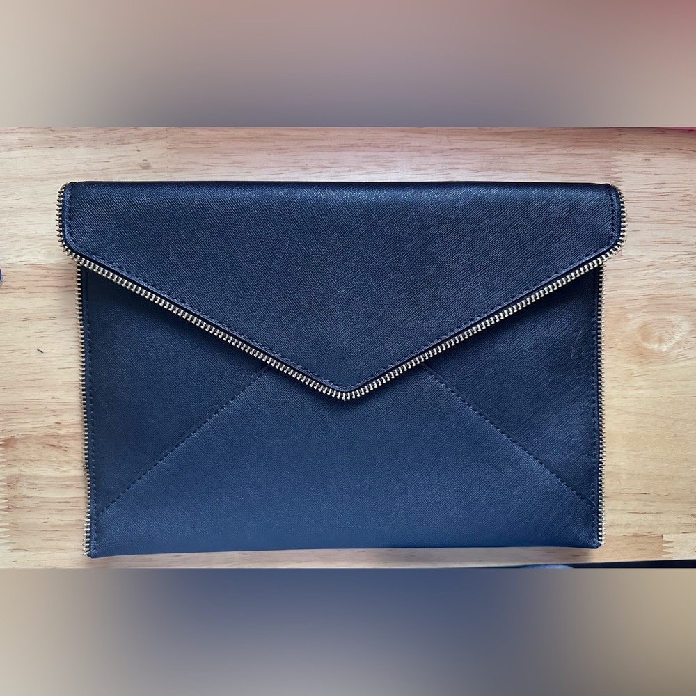 Rebecca Minkoff black envelope clutch with gold zipper